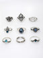 Set Of 9 Oxidized Silver-Plated Stone-Studded Finger Rings