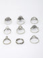 Set Of 9 Oxidized Silver-Plated Stone-Studded Finger Rings