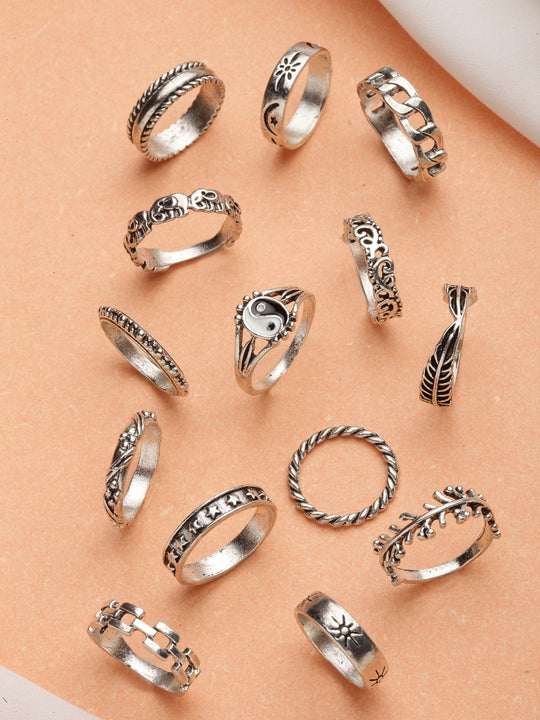 Set Of 14 Silver Plated Oxidised Finger Rings