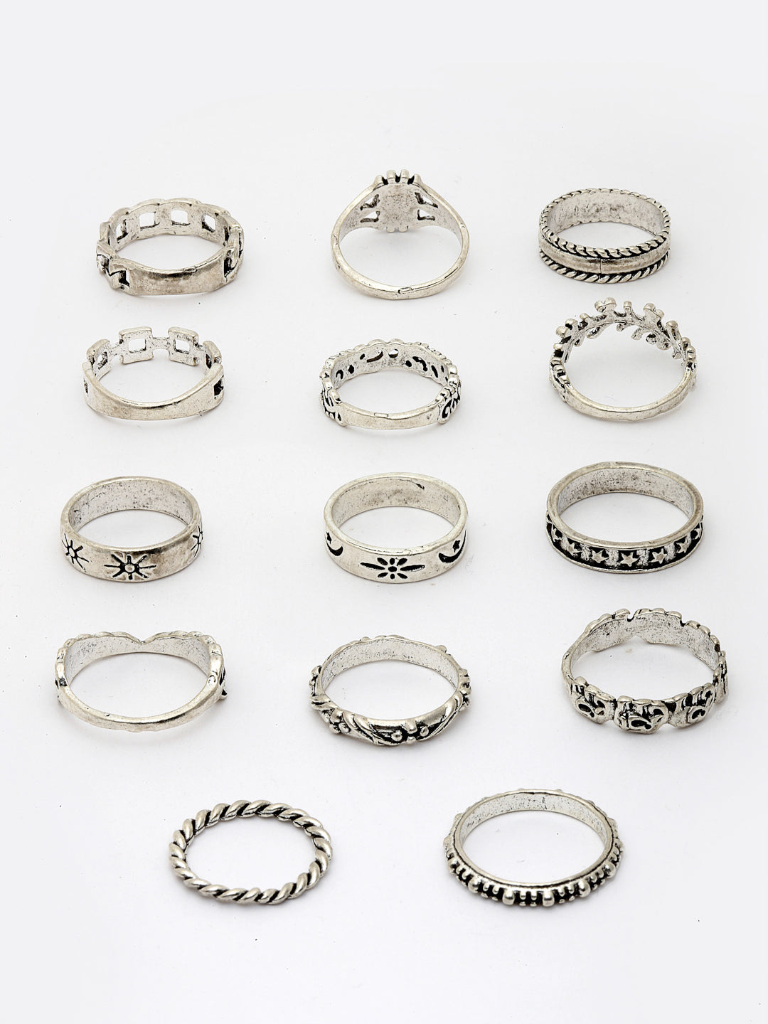 Set Of 14 Silver Plated Oxidised Finger Rings