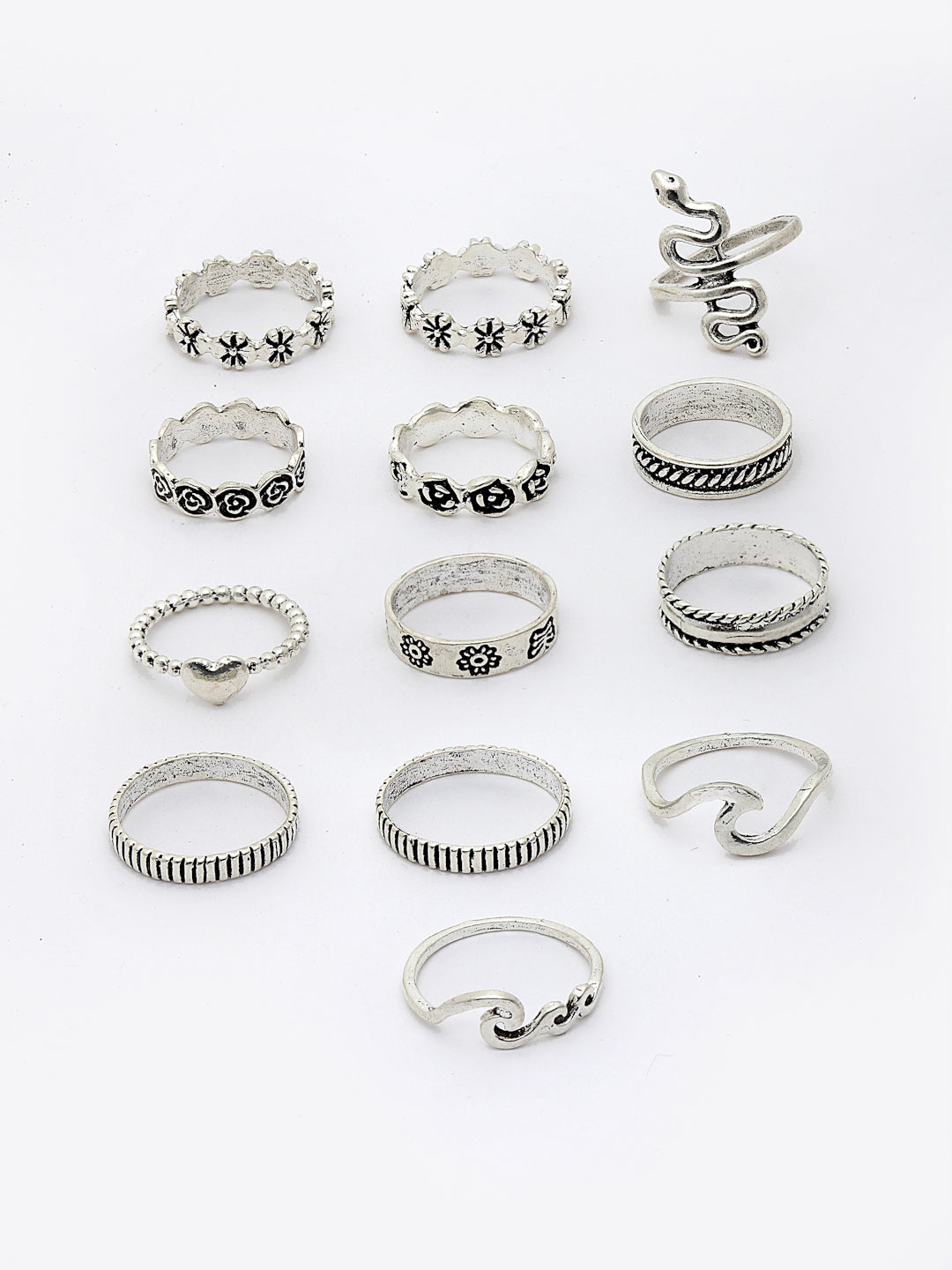 Set of 13 Oxidised Silver-Plated Finger Rings
