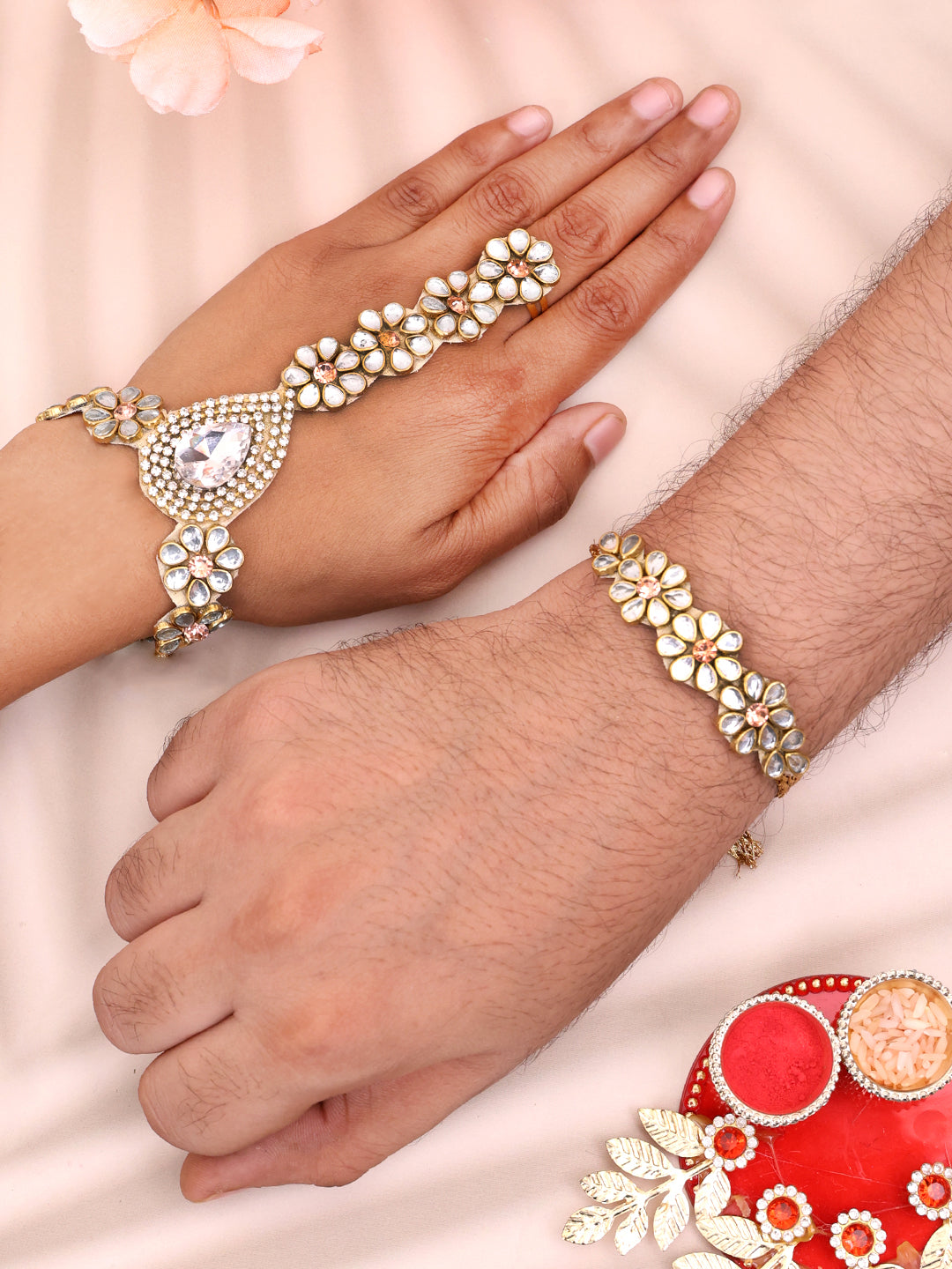 Gold Plated Bhaiya Bhabhi Bracelet With Ring Rakhi With Roli Chawal