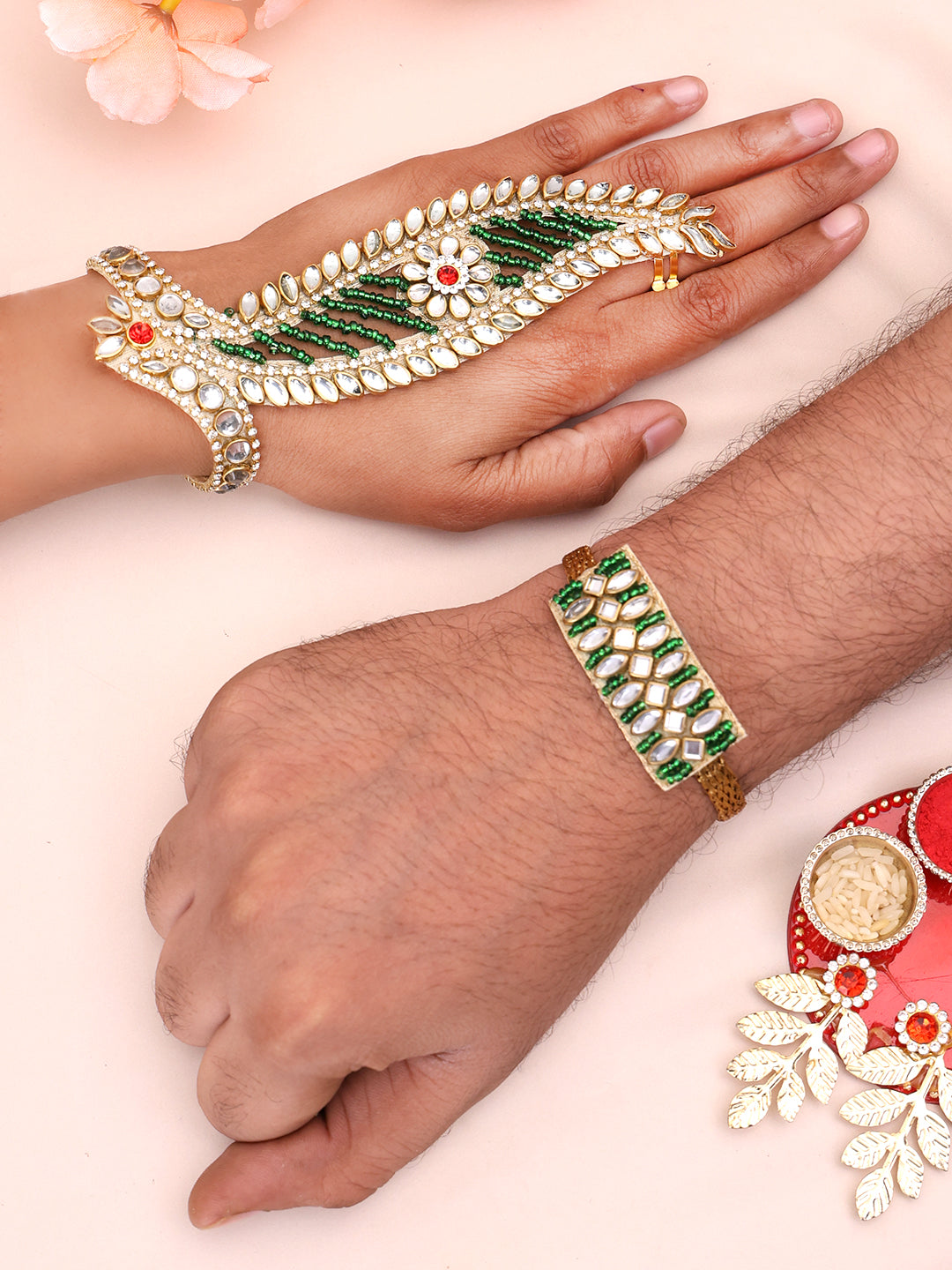 Gold Plated Bhaiya Bhabhi Bracelet With Ring Rakhis With Roli Chawal