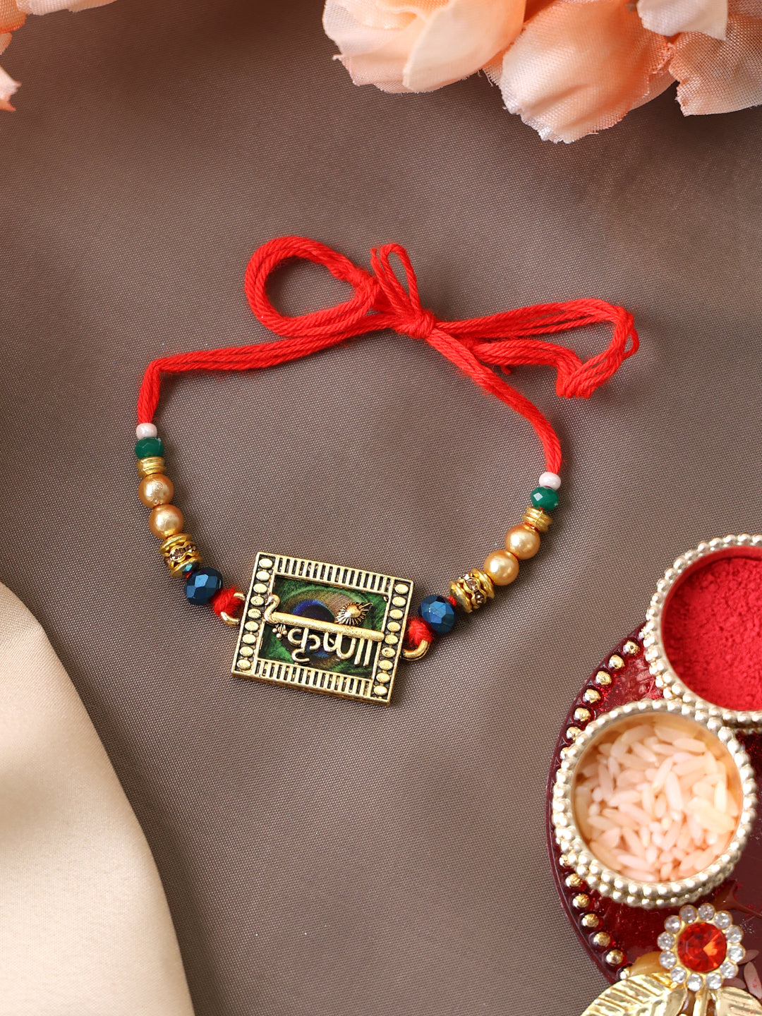 Gold Plated Thread Rakhi With Roli Chawal