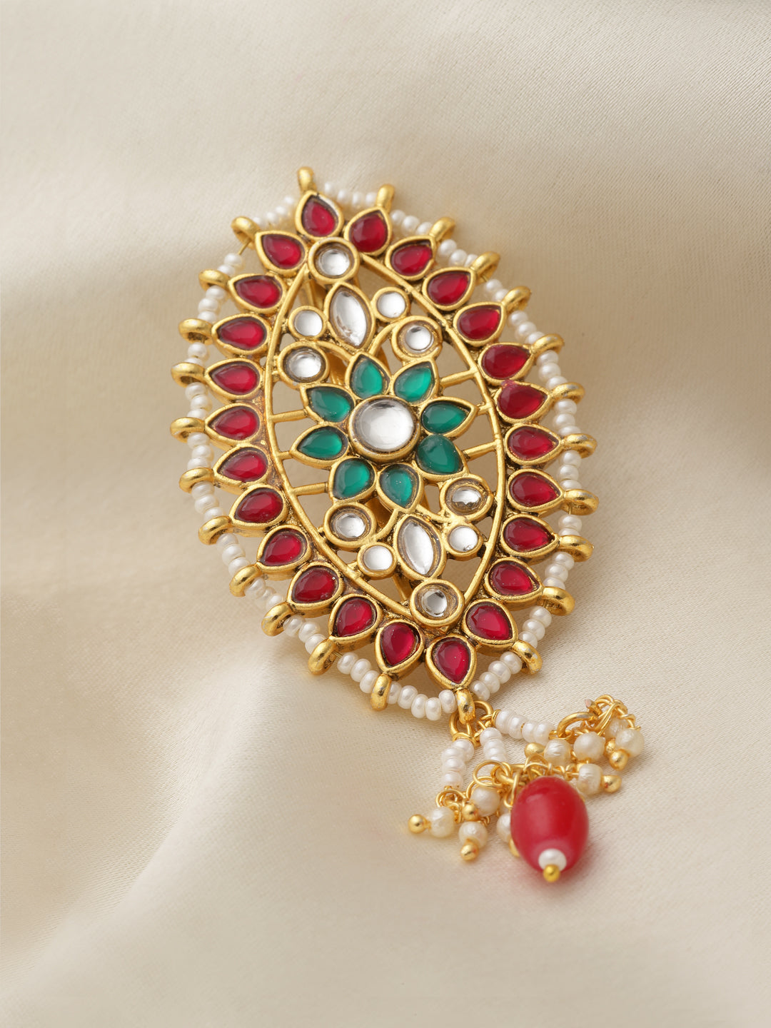 Gold-Plated Kundan Studded Floral Charm Brooch