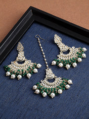 Gold-Plated Kundan Studded & Beaded Tikka with Earrings