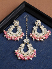 Gold-Plated Pink & White Kundan-Studded & Beaded Jewellery Set