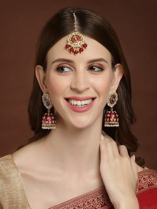 Gold-Plated Meenakari Kundan-Studded & Beaded Head Jewellery Set