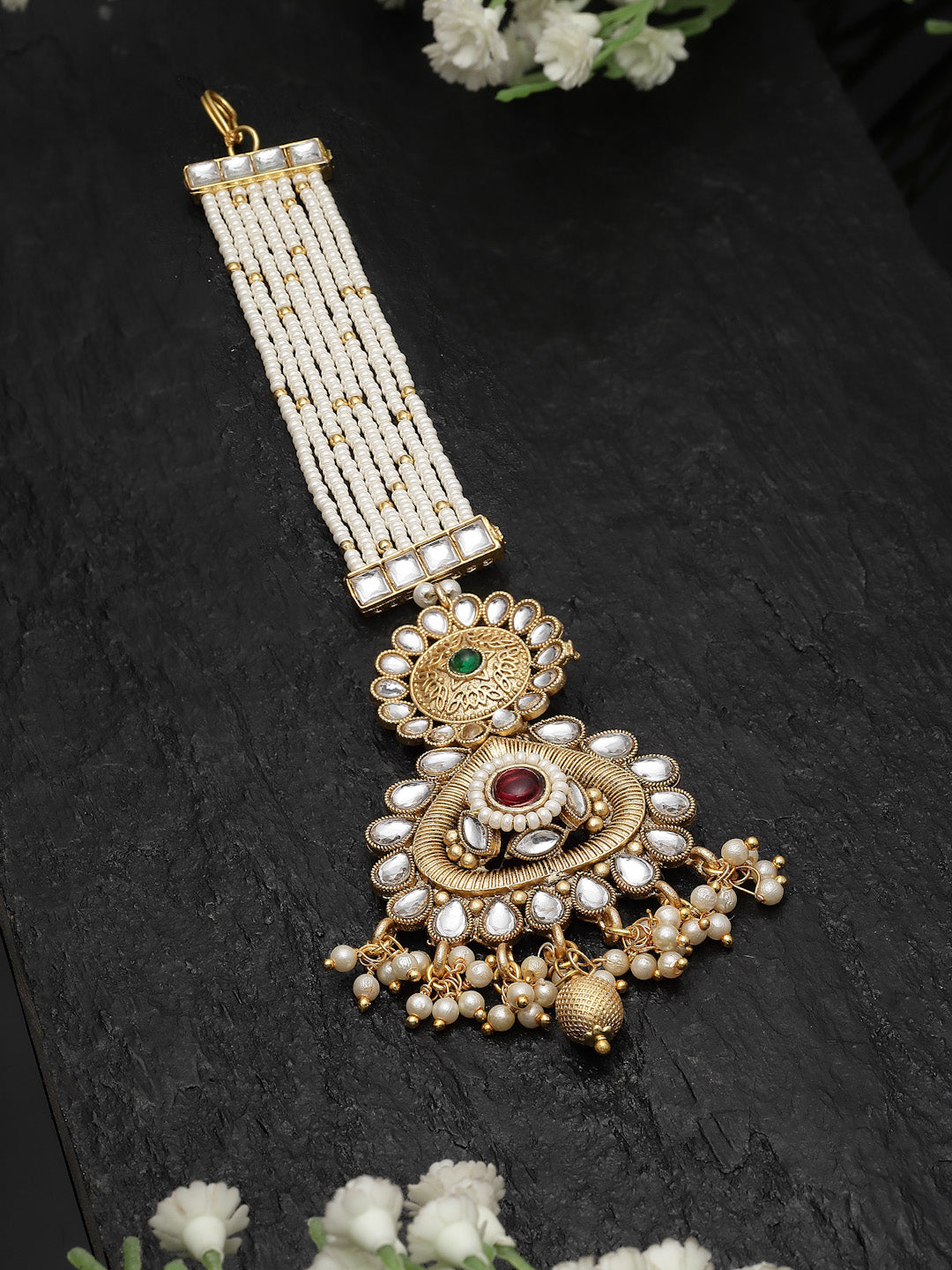 Gold-Plated Kundan Handcrafted Pearl Maang Tikka