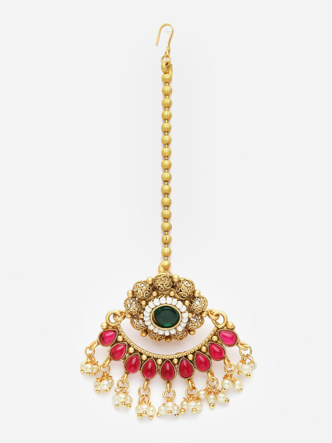 Gold-Plated Handcrafted Stone-Studded & Pearl-Beaded Maang Tikka