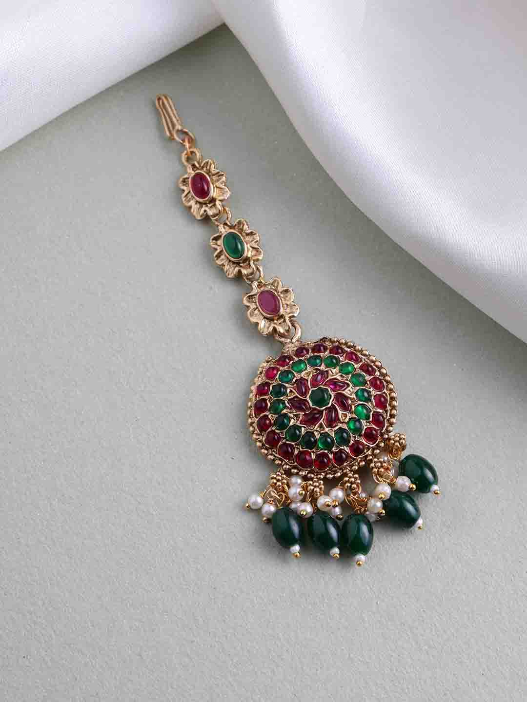 Gold Plated Maang Tikka with Pearl Bead Drops