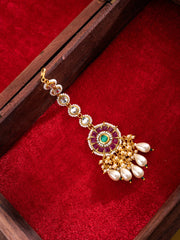 Gold-Plated Kundan Studded & Pearls Beaded Maang Tikka