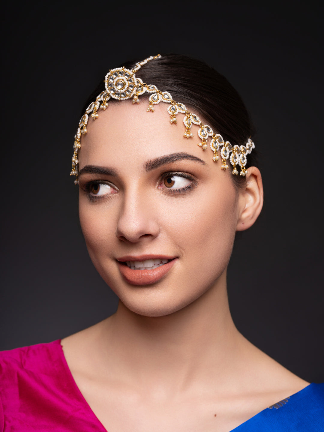 Gold-Plated Kundan Studded & Pearls Beaded Maang Tikka