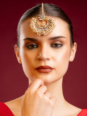 Gold-Plated Kundan Studded & Pearls Beaded Maang Tikka