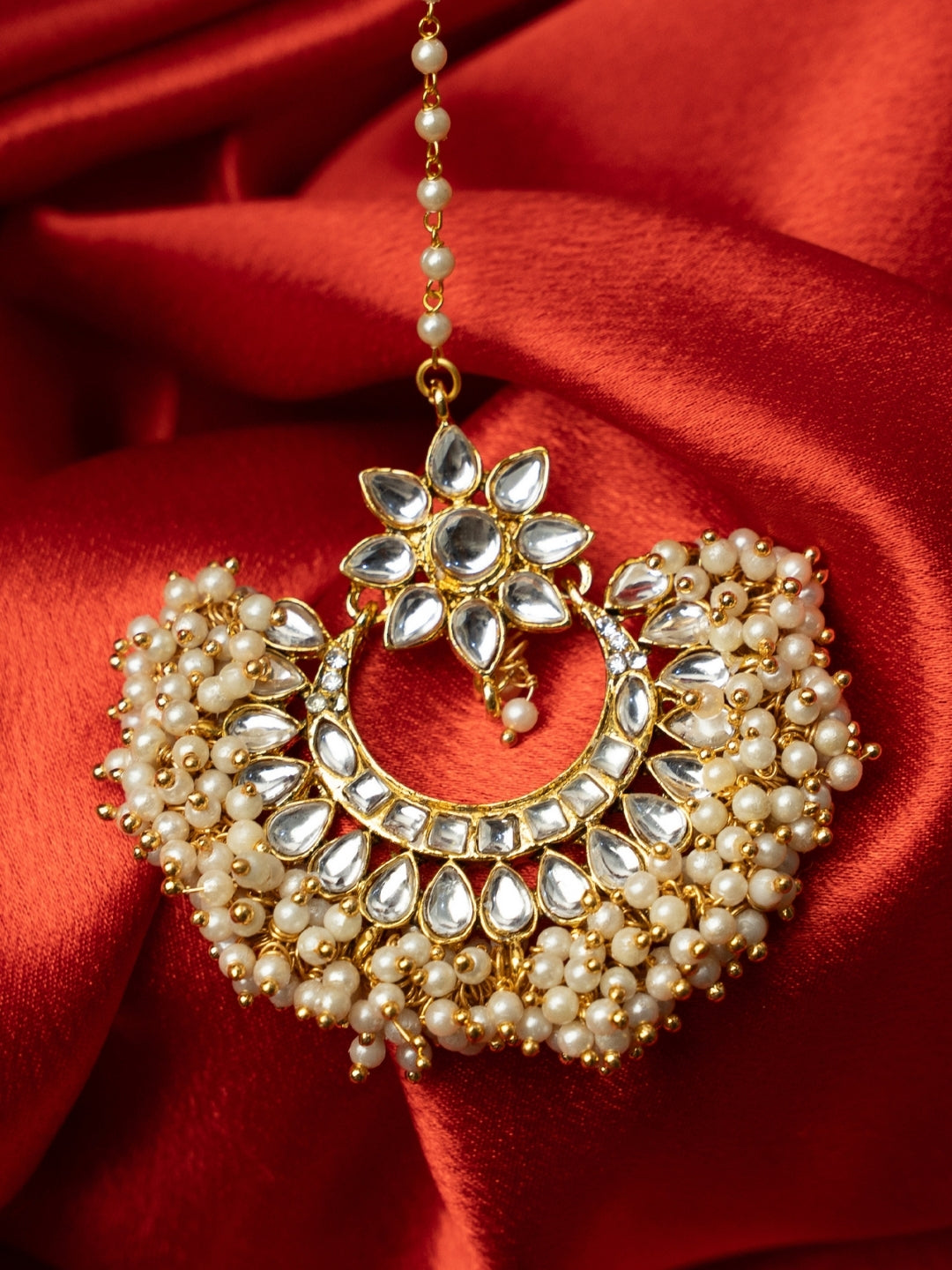 Gold-Plated Kundan Studded & Pearls Beaded Maang Tikka
