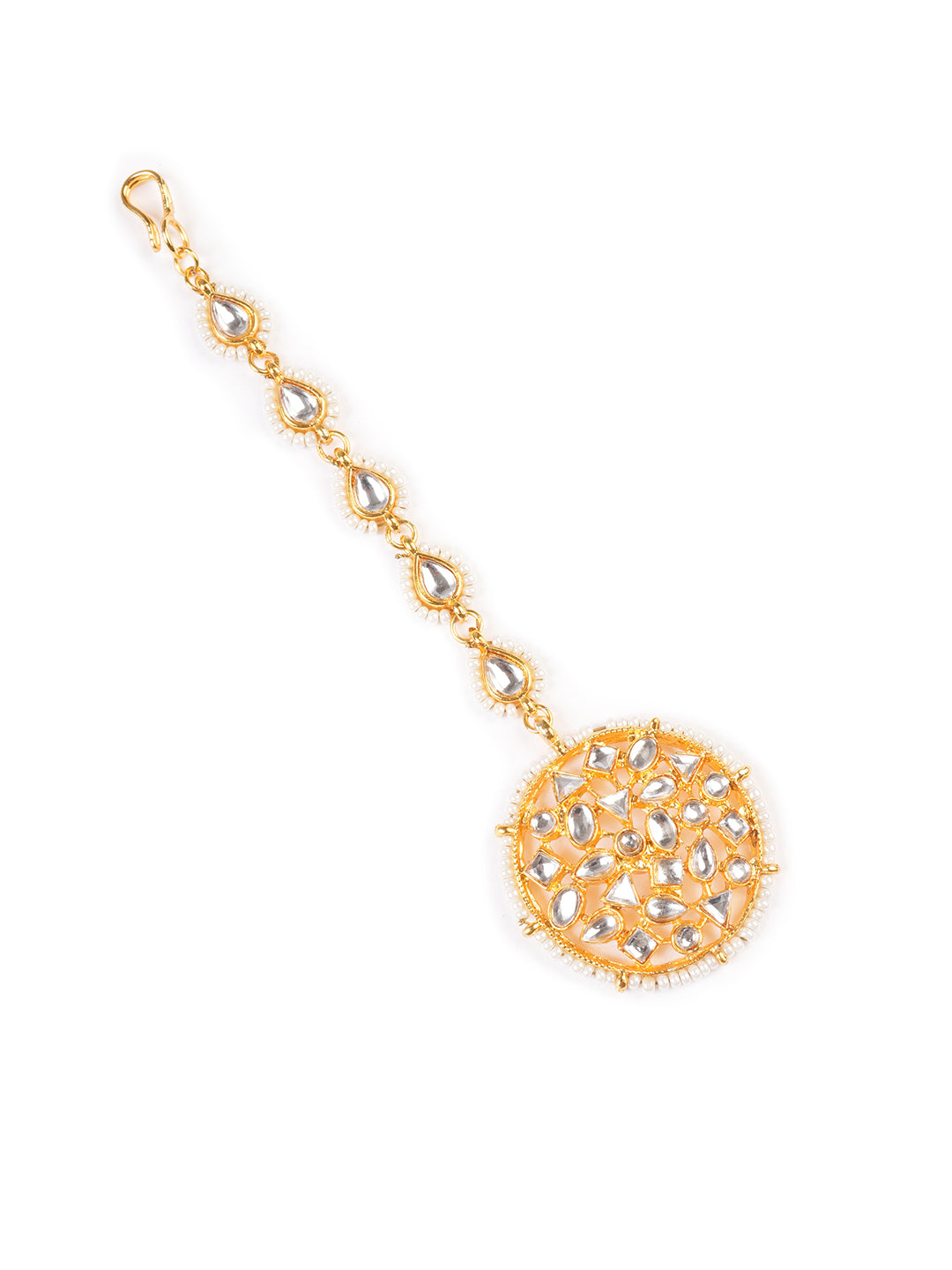 Gold-Plated Kundan Studded & Pearls Beaded Maang Tikka