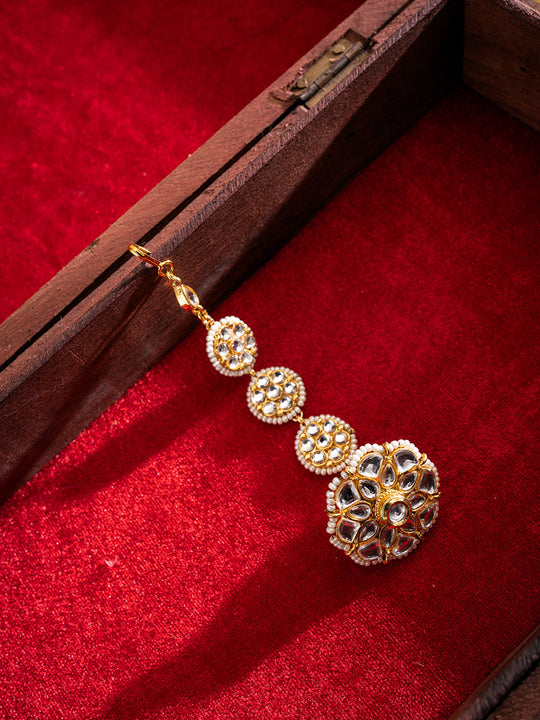 Gold-Plated Kundan Studded & Pearls Beaded Maang Tikka