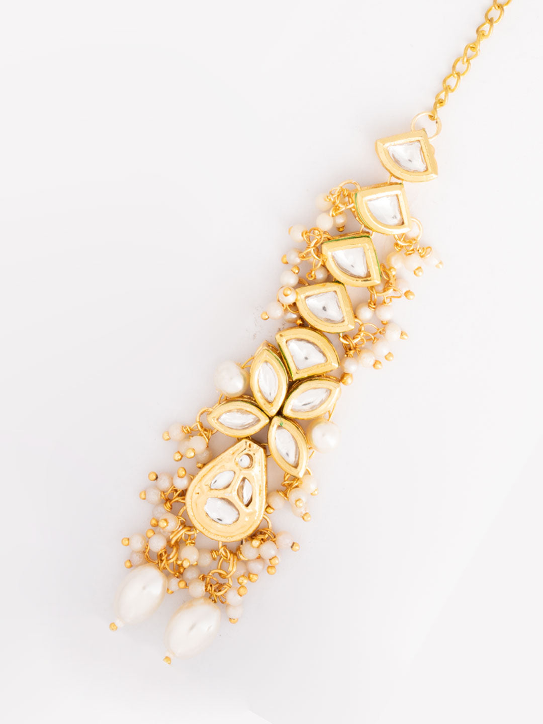 Gold-Plated Kundan Studded & Pearls Beaded Maang Tikka