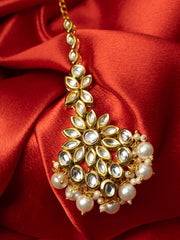 Gold-Plated Kundan Studded & Pearls Beaded Maang Tikka