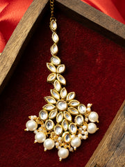 Gold-Plated Kundan Studded & Pearls Beaded Maang Tikka