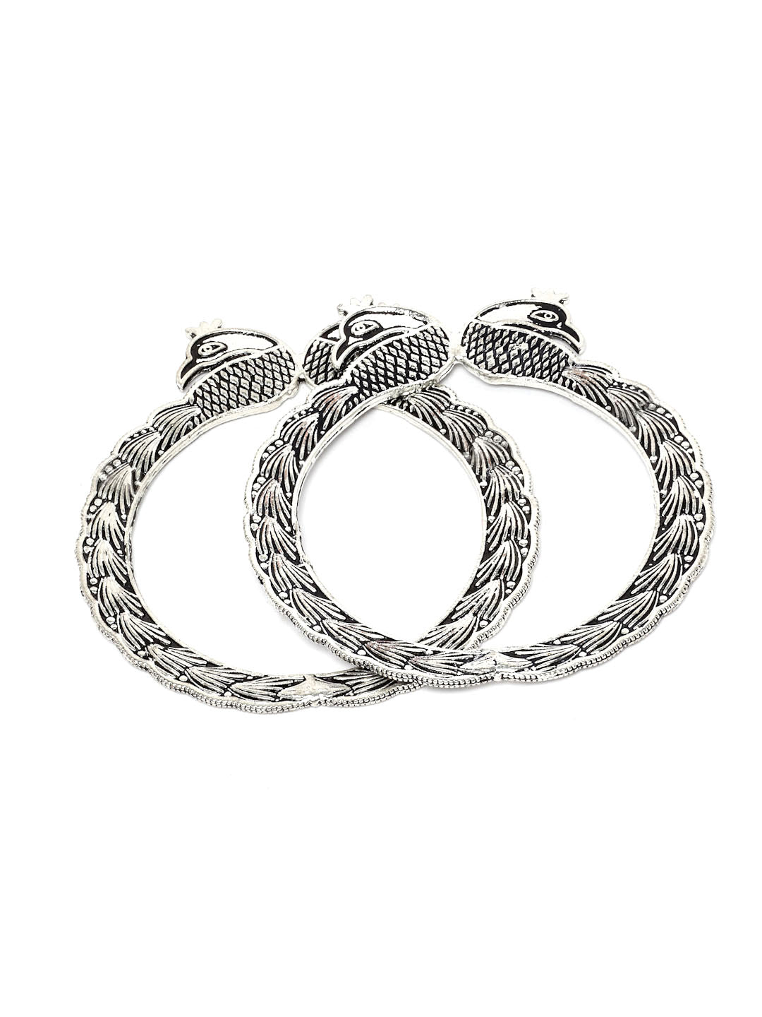 Set of 2 Silver-Toned Oxidised Peacock-Shaped Bangles