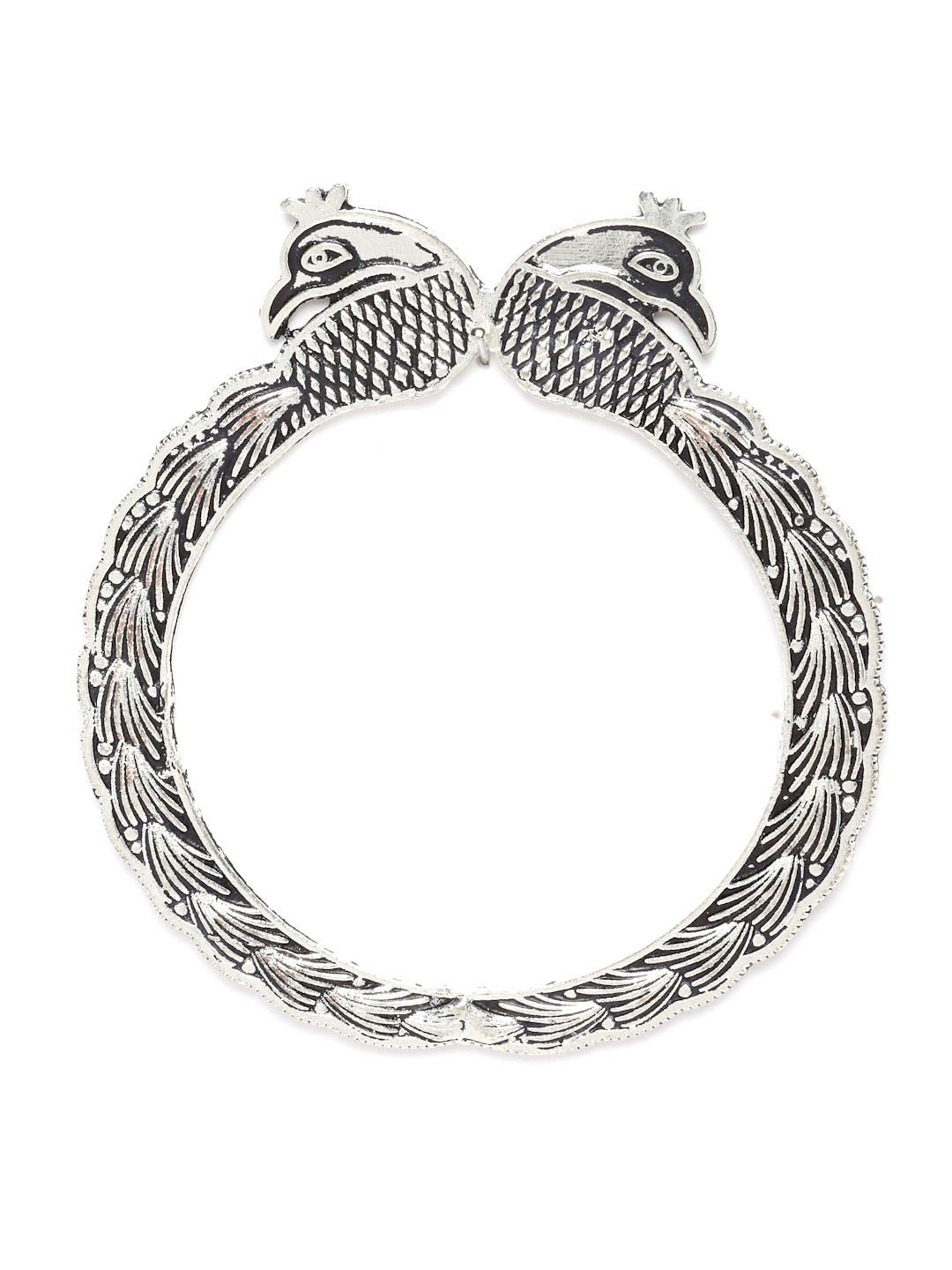 Set of 2 Silver-Toned Oxidised Peacock-Shaped Bangles