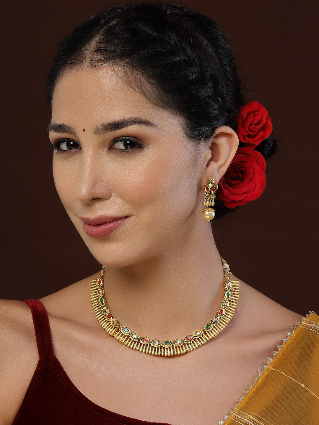 Gold-Toned & Red Kundan-Studded Jewellery Set