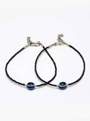 Set Of 2 Silver-Plated Black & Blue Beaded Evil Eye Handcrafted Anklets