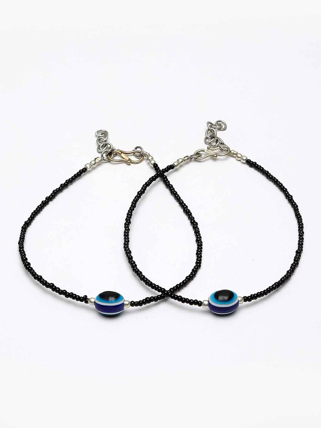 Set Of 2 Silver-Plated Black & Blue Beaded Evil Eye Handcrafted Anklets
