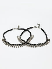 Set Of 2 Silver-Plated Black Beaded Handcrafted Anklets