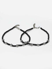 Set Of 2 Silver-Plated Black Beaded Floral Handcrafted Anklets