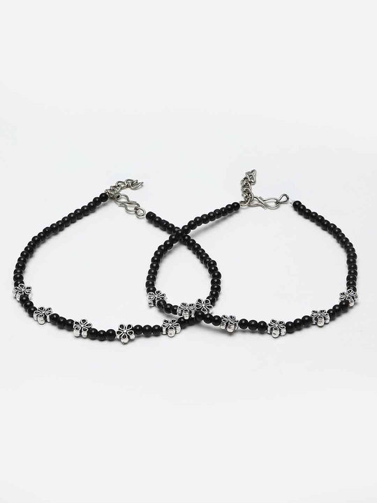 Set Of 2 Silver-Plated Black Beaded Floral Handcrafted Anklets