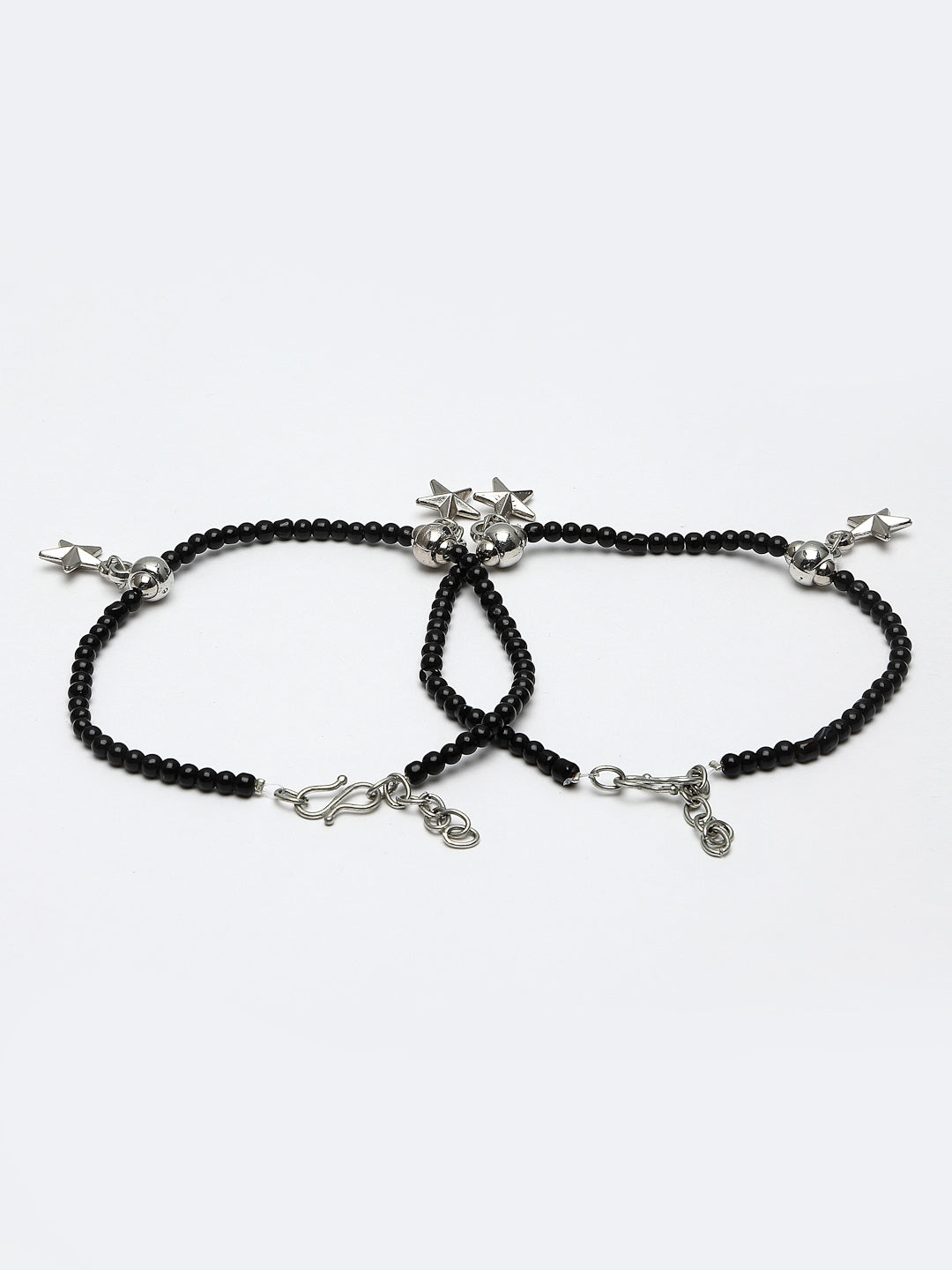 Set Of 2 Oxidized Silver-Plated Black Beaded Star Shaped Handcrafted Anklets