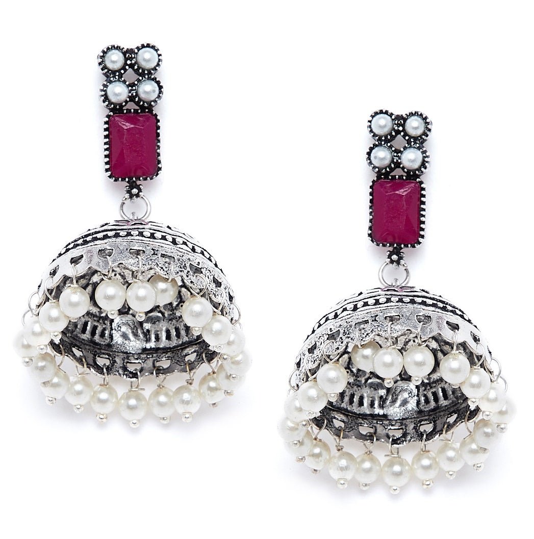 Silver-Plated & Pink Oxidised Jhumkas