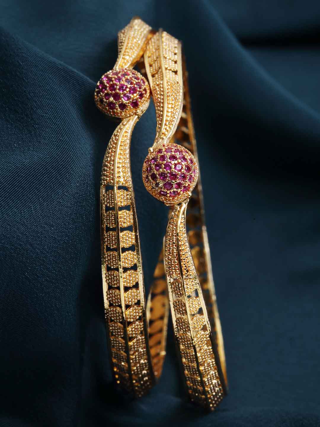 Set of 2 Gold-Plated Pink Stone-Studded Handcrafted Bangles