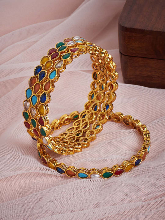 Set of 4 Gold-Plated Multicolored Stone-Studded Bangles