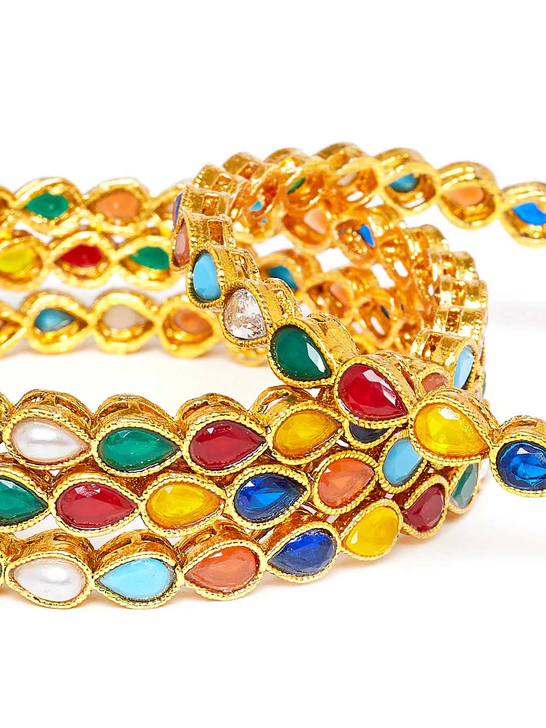 Set of 4 Gold-Plated Multicolored Stone-Studded Bangles