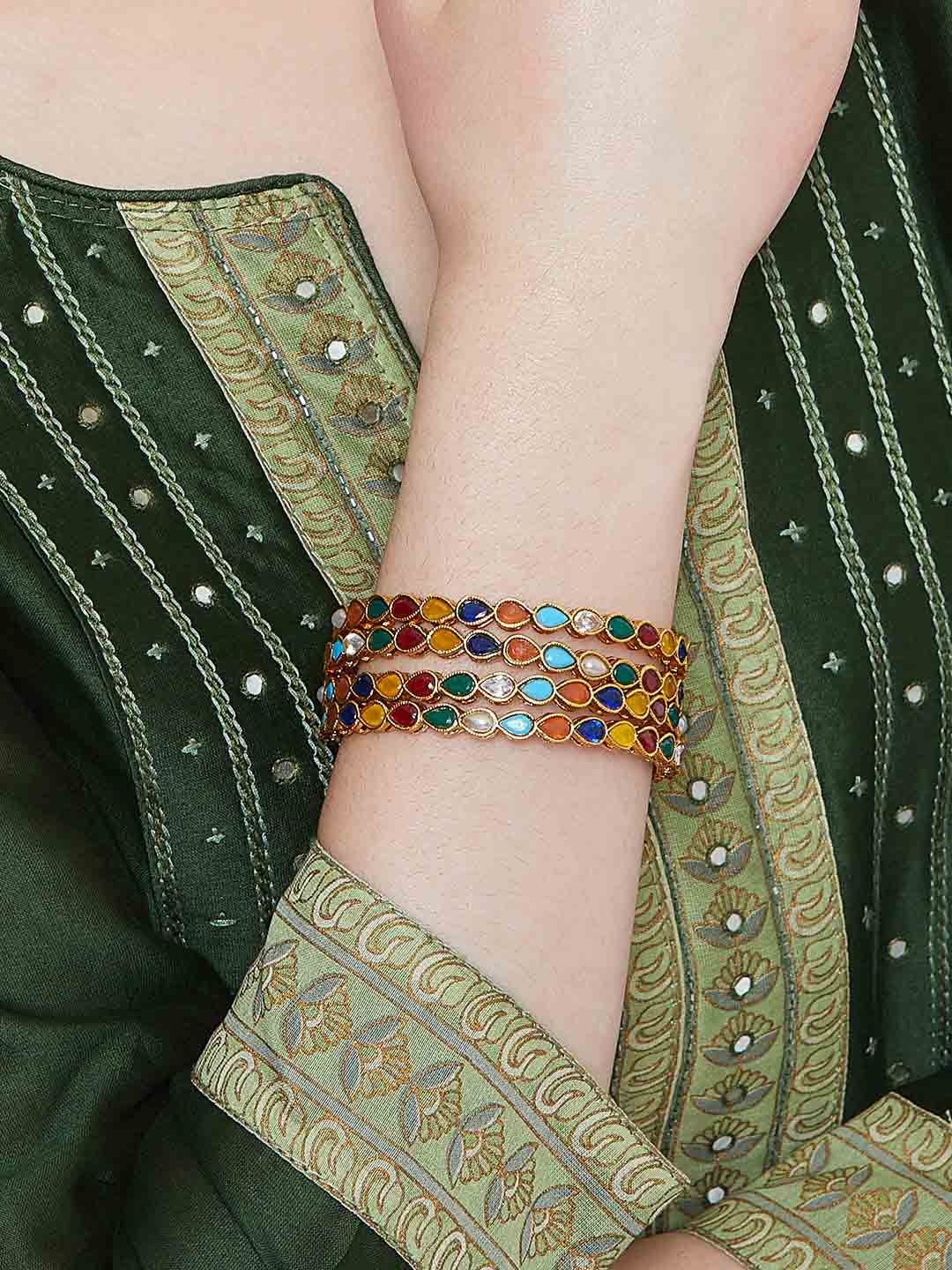 Set of 4 Gold-Plated Multicolored Stone-Studded Bangles