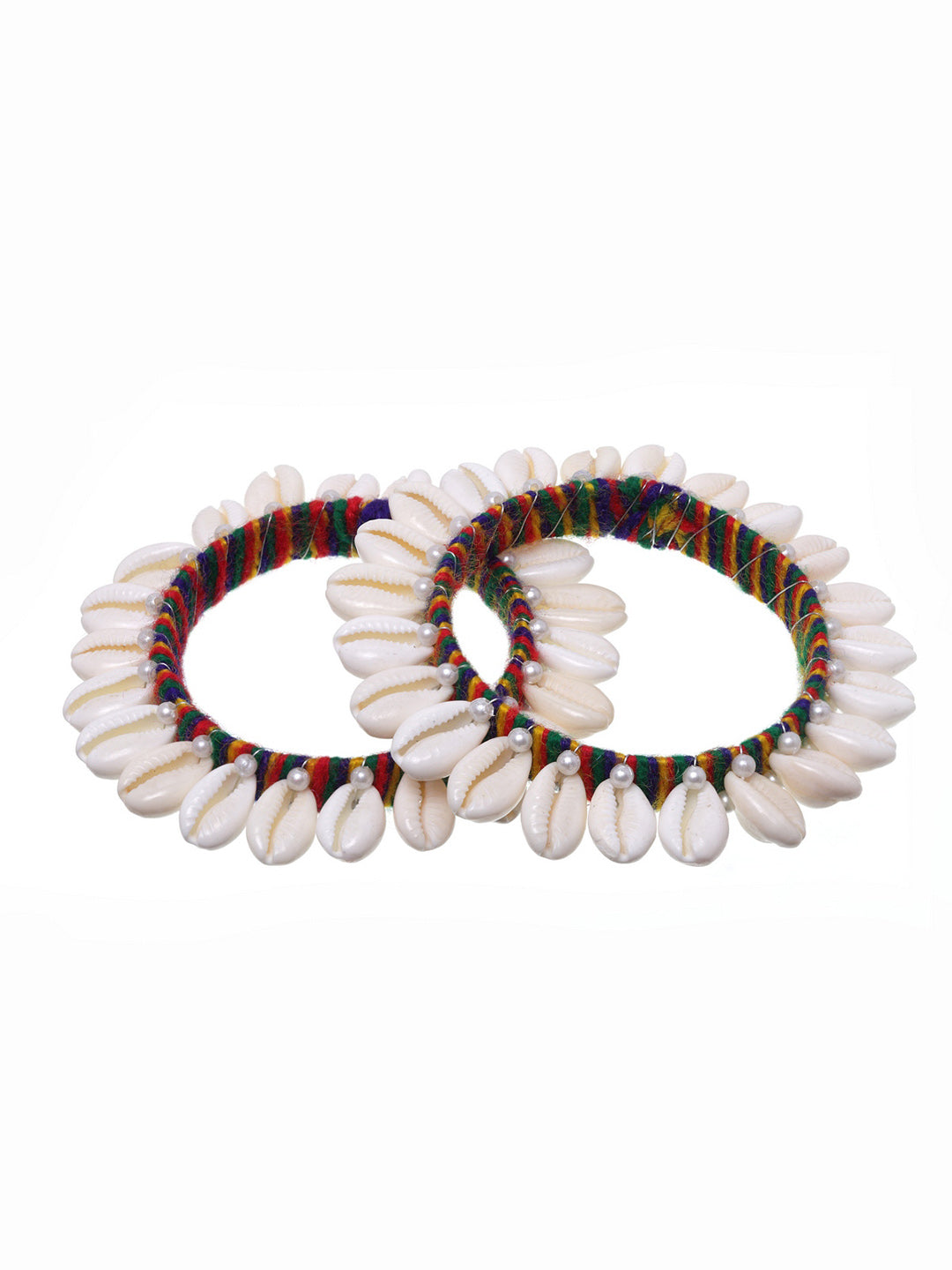 Set Of 2 White & Yellow Silk Thread Shell Handcrafted Bangles