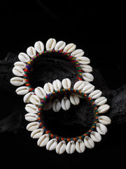 Set Of 2 White & Yellow Silk Thread Shell Handcrafted Bangles