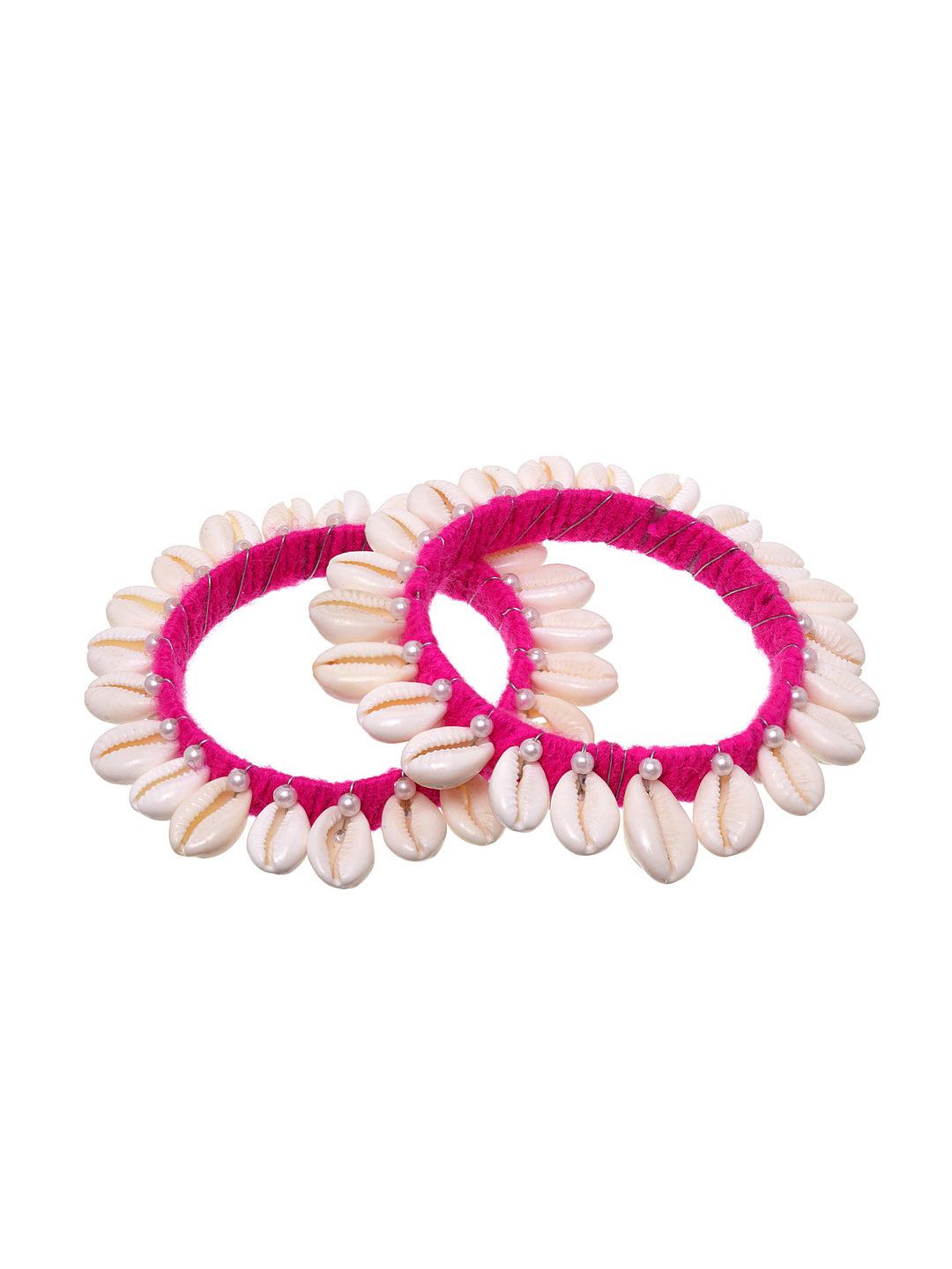 Set Of 2 Pink & Off-White Silk Thread Shell Handcrafted Bangles