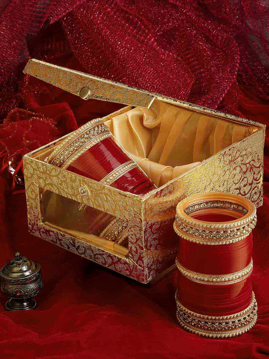 Set of 74 Red & Gold-Plated Matching Pearl Bangles Wedding Chuda Set