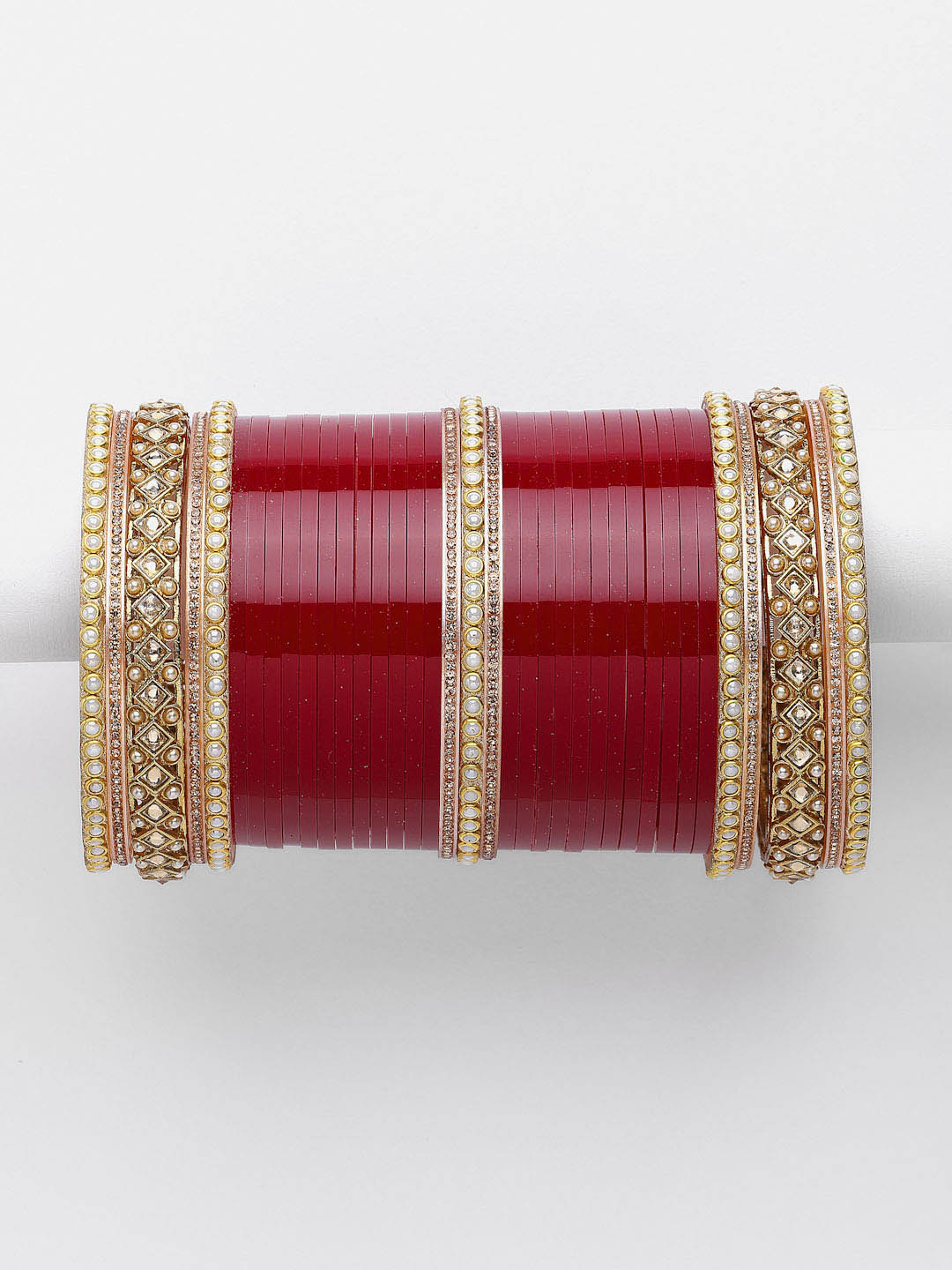 Set of 74 Red & Gold-Plated Matching Pearl Bangles Wedding Chuda Set