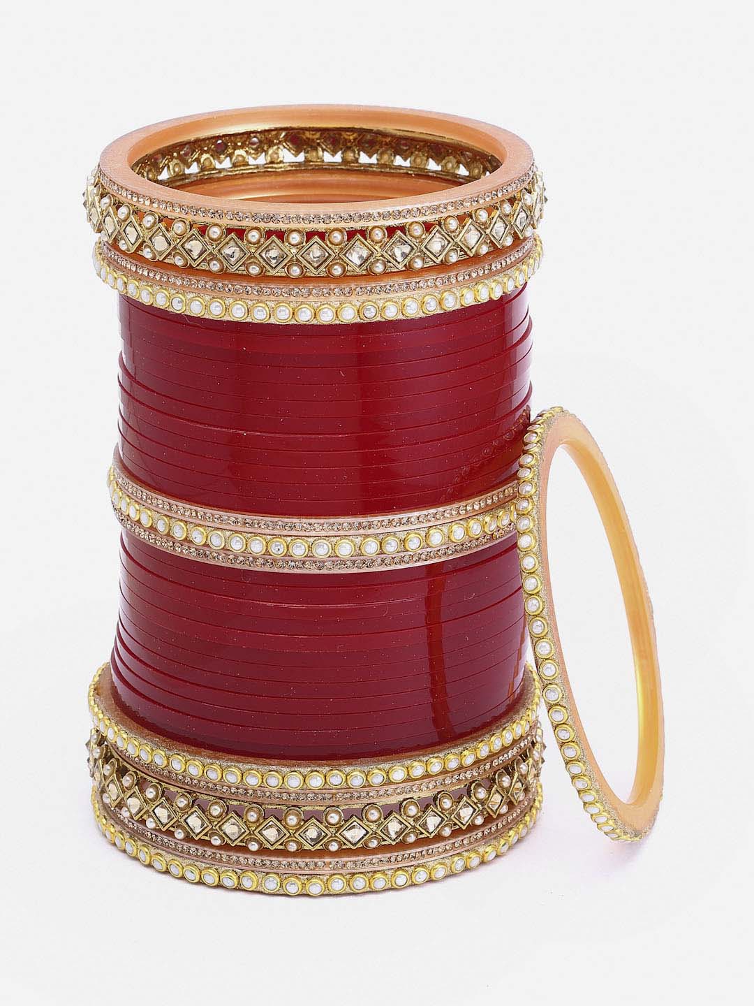 Set of 74 Red & Gold-Plated Matching Pearl Bangles Wedding Chuda Set