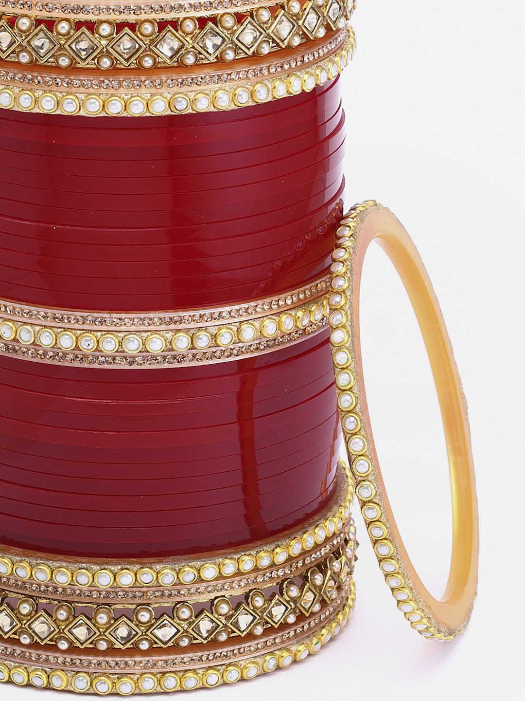 Set of 74 Red & Gold-Plated Matching Pearl Bangles Wedding Chuda Set