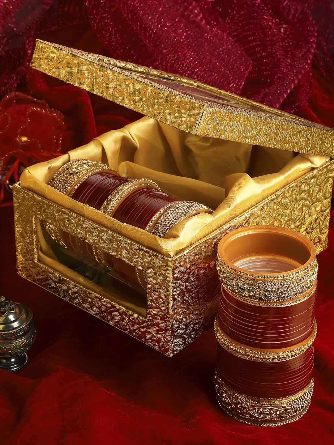 Set of 66 Gold-Plated Red AD Stone-Studded Wedding Chuda Set