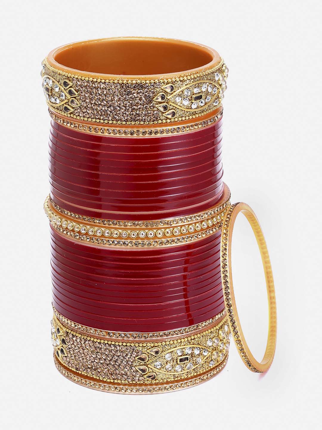 Set of 66 Gold-Plated Red AD Stone-Studded Wedding Chuda Set