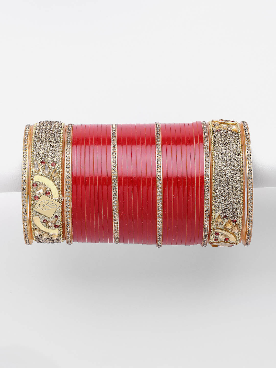 Gold-Plated Red & White CZ-Studded Chuda Set Of 66