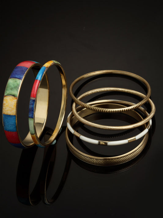 Set Of 6 Gold-Toned Red & Blue Enamelled Handcrafted Bangles