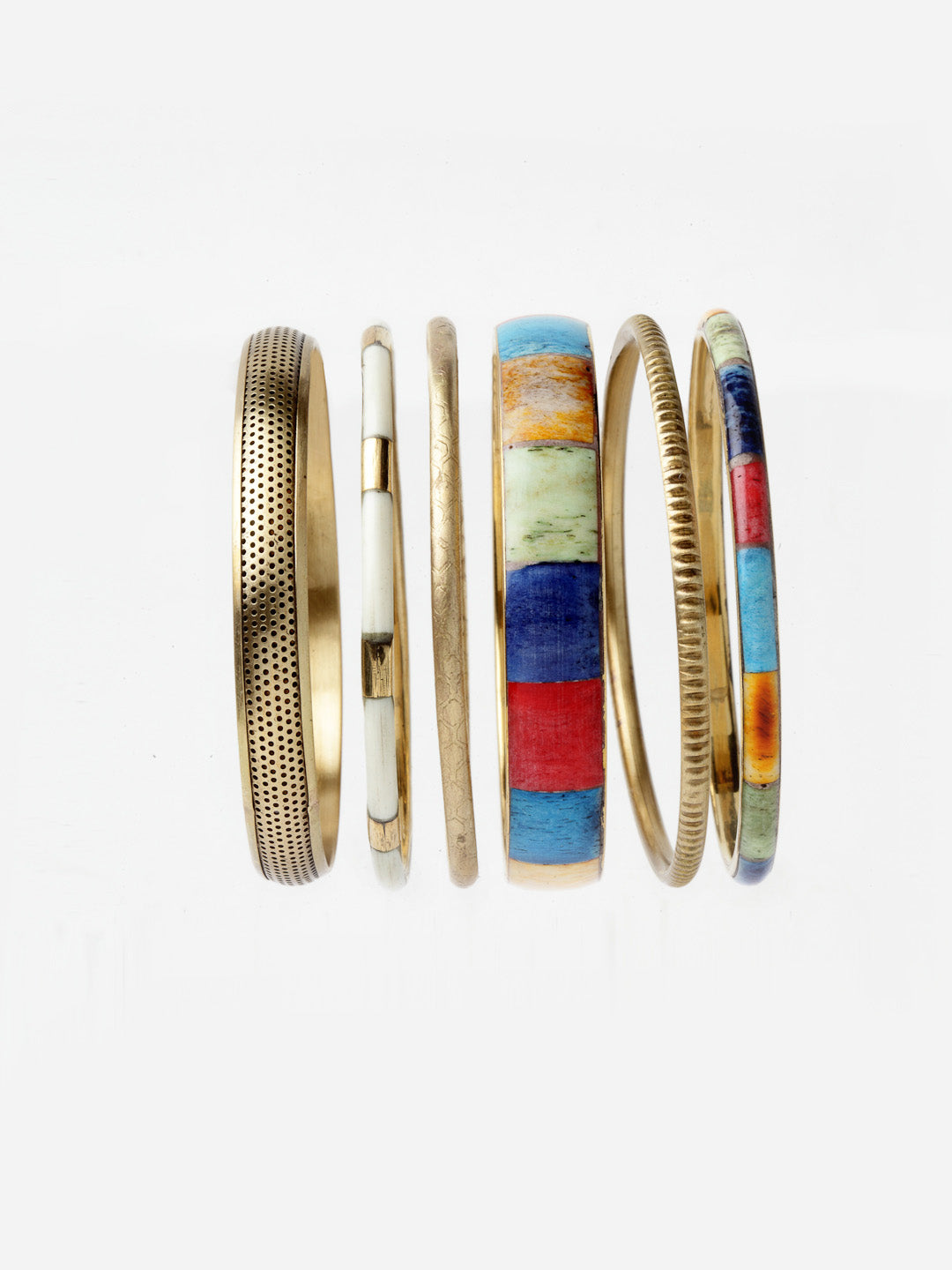 Set Of 6 Gold-Toned Red & Blue Enamelled Handcrafted Bangles